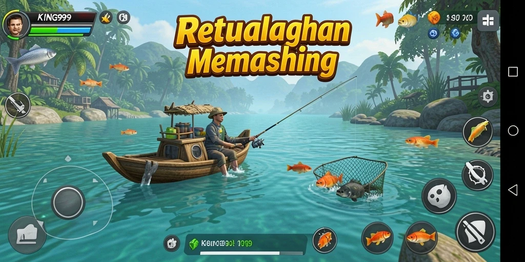 Tampilan gameplay <strong>KING999</strong> menampilkan momen memancing yang menarik dengan ikan yang beragam.